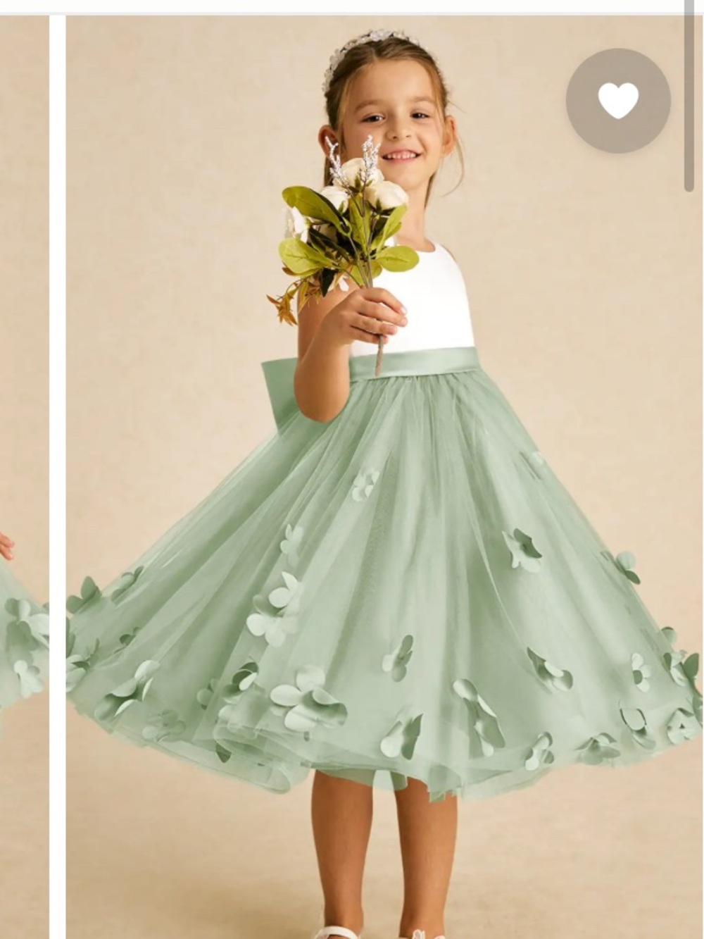 Azazie White and Sage Green Flower Appliqué Tulle Flower Girl Dress